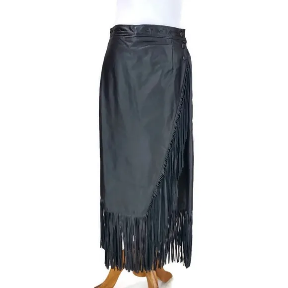 VTG Lariat Genuine Leather Rodeo Western Cowgirl Boho Wrap Black Fringe Skirt 12