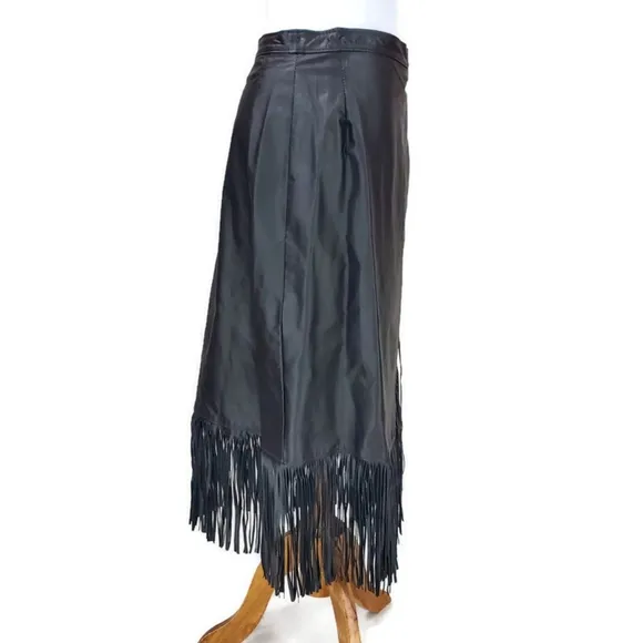 VTG Lariat Genuine Leather Rodeo Western Cowgirl Boho Wrap Black Fringe Skirt 12