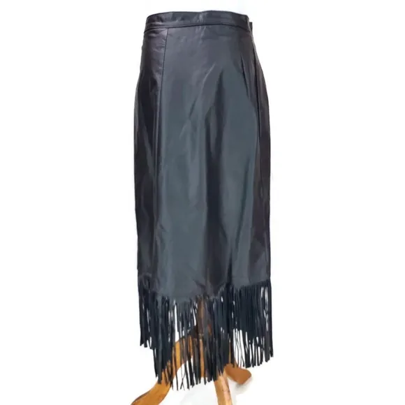 VTG Lariat Genuine Leather Rodeo Western Cowgirl Boho Wrap Black Fringe Skirt 12