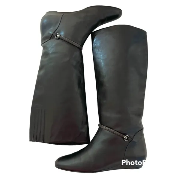 VTG MIGLIORINI FLAT WEDGE LEATHER PULL-ON RIDING BOOTS W/MESH CHAIN DETAIL Sz9.5