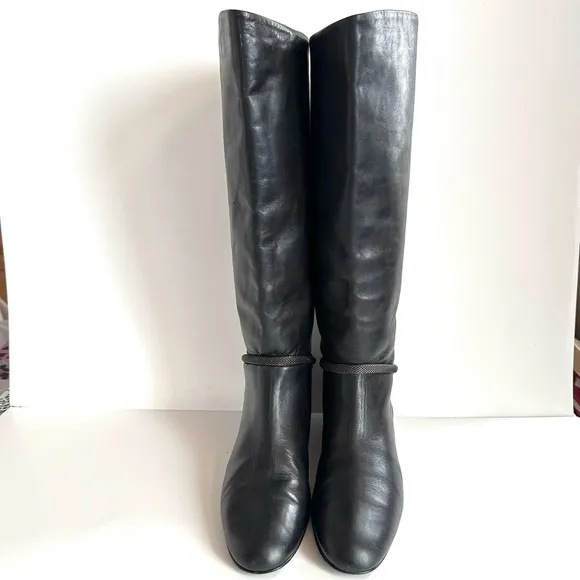 VTG MIGLIORINI FLAT WEDGE LEATHER PULL-ON RIDING BOOTS W/MESH CHAIN DETAIL Sz9.5