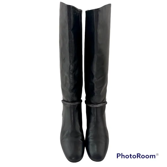 VTG MIGLIORINI FLAT WEDGE LEATHER PULL-ON RIDING BOOTS W/MESH CHAIN DETAIL Sz9.5