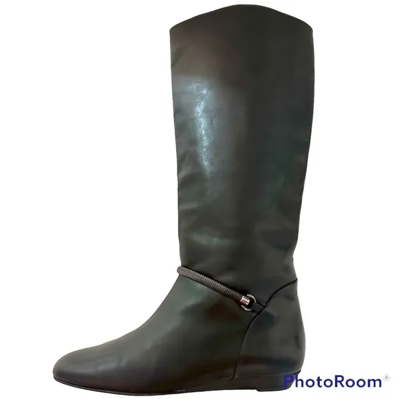 VTG MIGLIORINI FLAT WEDGE LEATHER PULL-ON RIDING BOOTS W/MESH CHAIN DETAIL Sz9.5