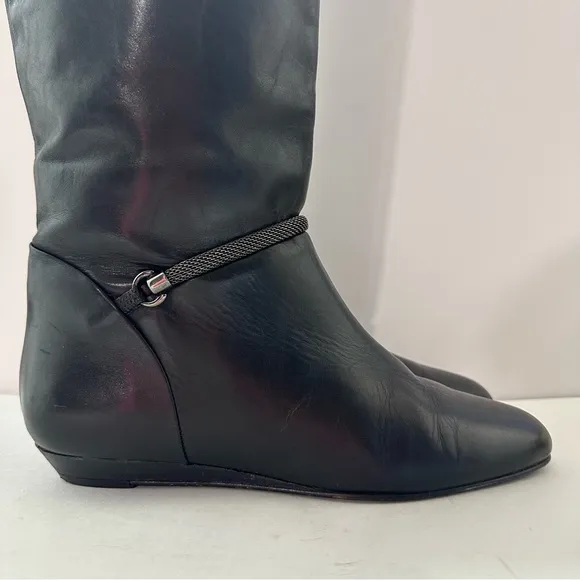VTG MIGLIORINI FLAT WEDGE LEATHER PULL-ON RIDING BOOTS W/MESH CHAIN DETAIL Sz9.5