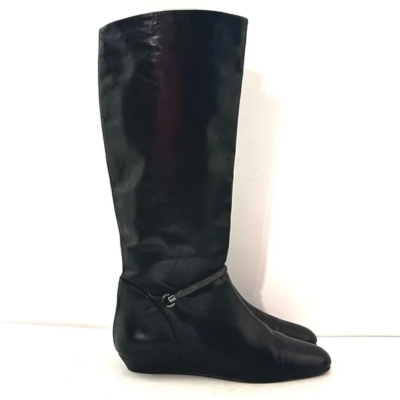 VTG MIGLIORINI FLAT WEDGE LEATHER PULL-ON RIDING BOOTS W/MESH CHAIN DETAIL Sz9.5