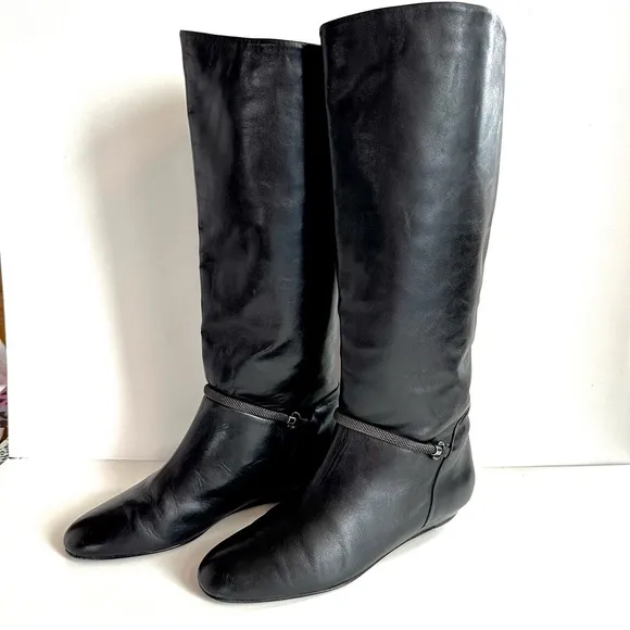 VTG MIGLIORINI FLAT WEDGE LEATHER PULL-ON RIDING BOOTS W/MESH CHAIN DETAIL Sz9.5