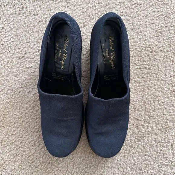 VTG Robert Clergerie Women's French Dark Navy Blue Wedge Heel Shoes Slip On Sz 7