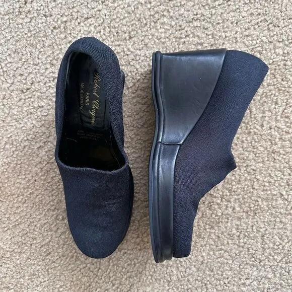VTG Robert Clergerie Women's French Dark Navy Blue Wedge Heel Shoes Slip On Sz 7