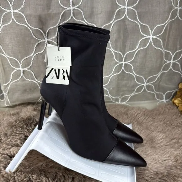 (W2) Zara black stiletto heeled ankle boots with pointed toe,Sz 40/9US,slip-on