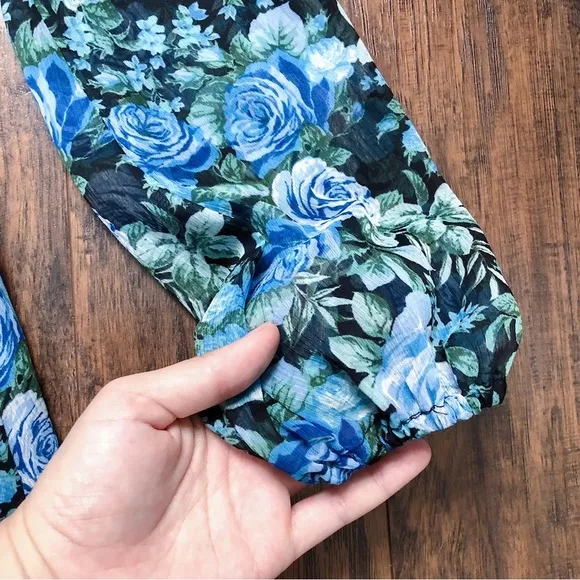 WAYF • Blue Floral Tiered Midi Dress open tie back blouson black rose print