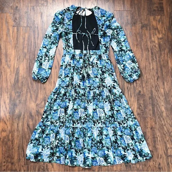 WAYF • Blue Floral Tiered Midi Dress open tie back blouson black rose print