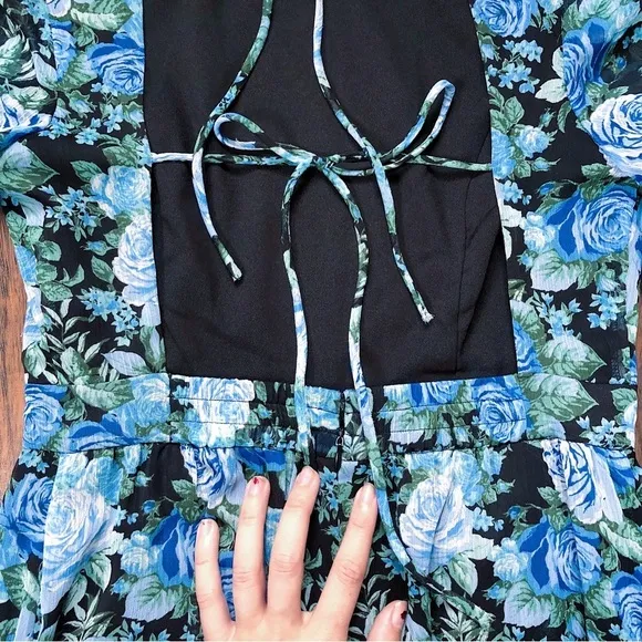 WAYF • Blue Floral Tiered Midi Dress open tie back blouson black rose print