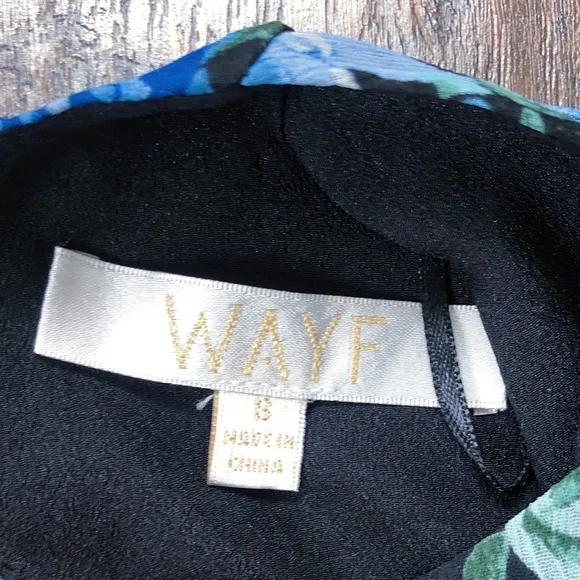 WAYF • Blue Floral Tiered Midi Dress open tie back blouson black rose print