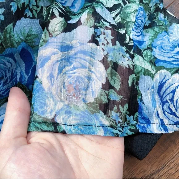 WAYF • Blue Floral Tiered Midi Dress open tie back blouson black rose print
