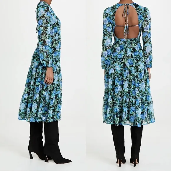 WAYF • Blue Floral Tiered Midi Dress open tie back blouson black rose print