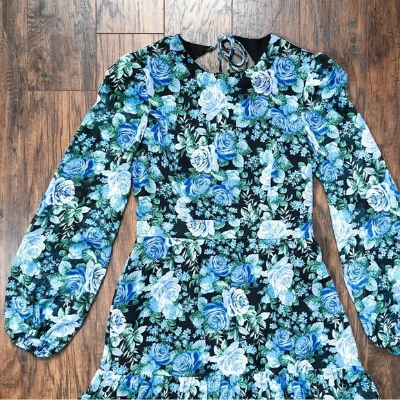 WAYF • Blue Floral Tiered Midi Dress open tie back blouson black rose print