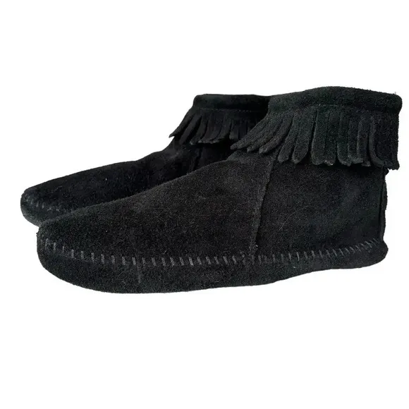 Wigwam Black Fringe Back Zip Soft Sole Moccasins Women's Shoe Size 8