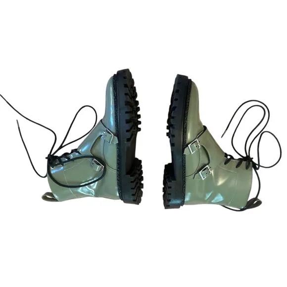 Women 5.5 36 Inch2 Pale Green Monk Boots Shoes Polished Leather Buckles Lace-Up