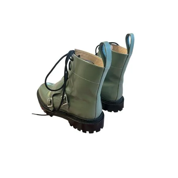 Women 5.5 36 Inch2 Pale Green Monk Boots Shoes Polished Leather Buckles Lace-Up