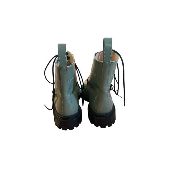 Women 5.5 36 Inch2 Pale Green Monk Boots Shoes Polished Leather Buckles Lace-Up