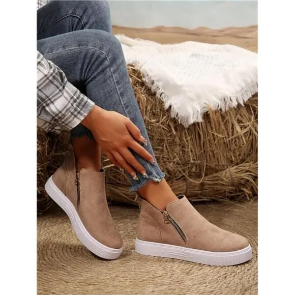 Women Ankle Boots &amp; Short Boots, Beige Flat Boots Lady Shoes
