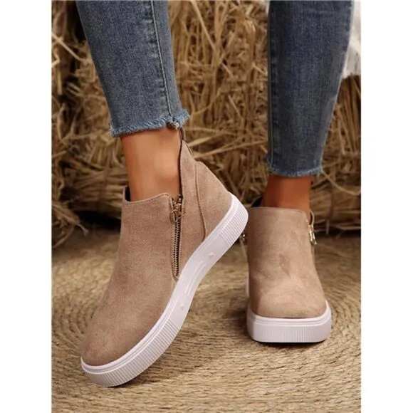 Women Ankle Boots &amp; Short Boots, Beige Flat Boots Lady Shoes