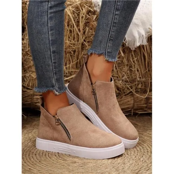 Women Ankle Boots &amp; Short Boots, Beige Flat Boots Lady Shoes
