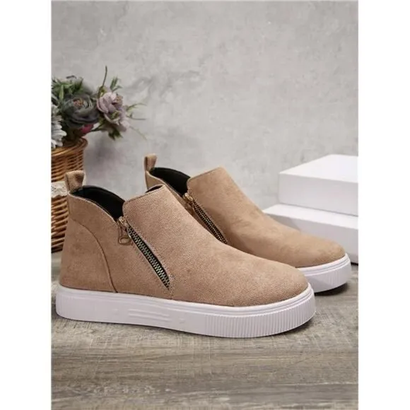 Women Ankle Boots &amp; Short Boots, Beige Flat Boots Lady Shoes