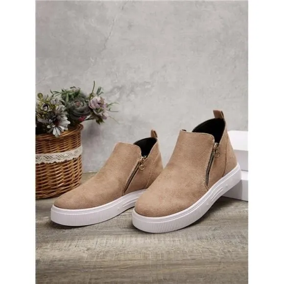 Women Ankle Boots &amp; Short Boots, Beige Flat Boots Lady Shoes