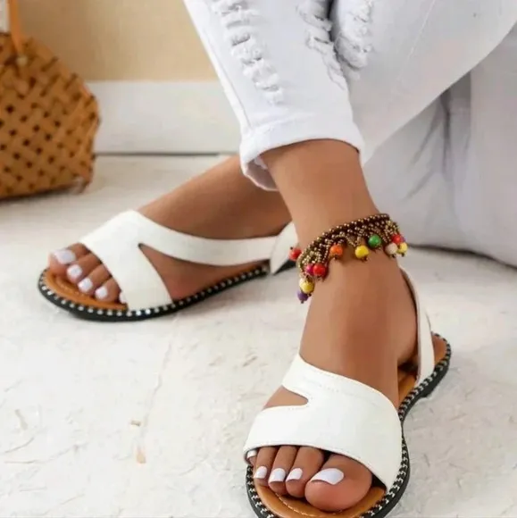 Women Stitch Detail Flat Sandals, Elegant White Slingback Sandals For Summer