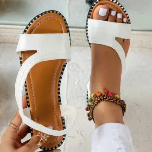 Women Stitch Detail Flat Sandals, Elegant White Slingback Sandals For Summer