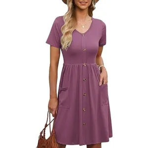 Women Summer Casual Short Sleeve Dresses Button Down Skater Dress