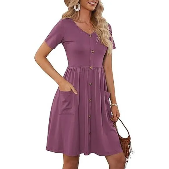 Women Summer Casual Short Sleeve Dresses Button Down Skater Dress