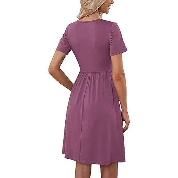 Women Summer Casual Short Sleeve Dresses Button Down Skater Dress