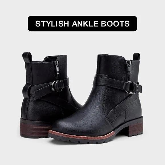 Women's 9682 Black Ankle Flat Boots Buckle Short Booties for Women's