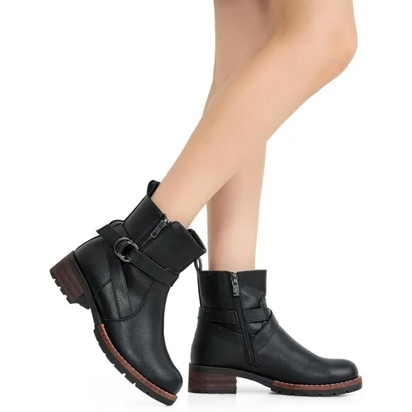Women's 9682 Black Ankle Flat Boots Buckle Short Booties for Women's