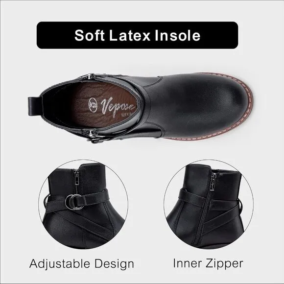 Women's 9682 Black Ankle Flat Boots Buckle Short Booties for Women's