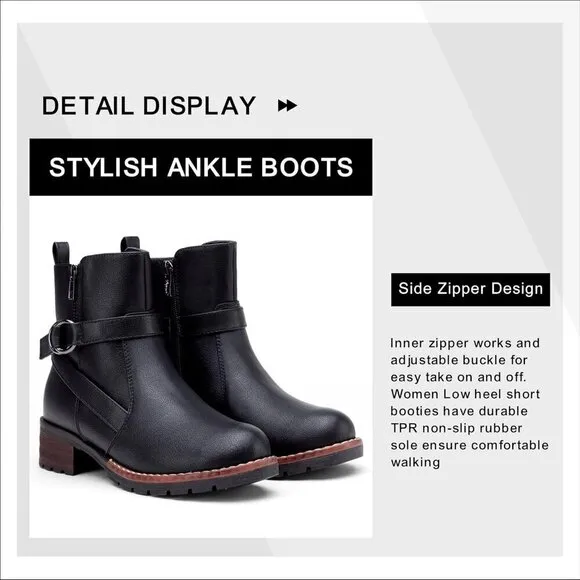 Women's 9682 Black Ankle Flat Boots Buckle Short Booties for Women's
