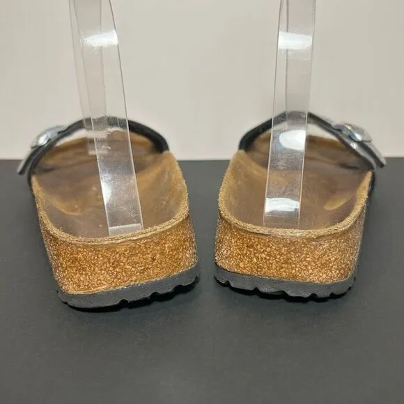 Womens BIRKIS by Birkenstock Silver Textured Buckled Slide Sandals / Size 6