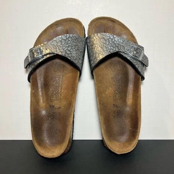 Womens BIRKIS by Birkenstock Silver Textured Buckled Slide Sandals / Size 6