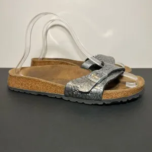 Womens BIRKIS by Birkenstock Silver Textured Buckled Slide Sandals / Size 6