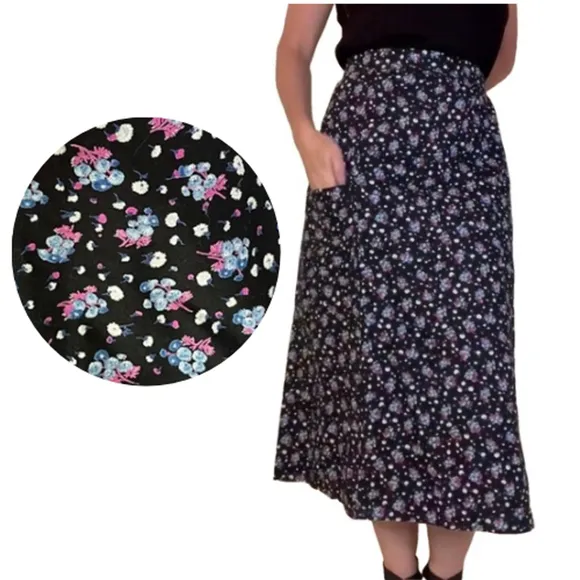 Women's Black &amp; Purple Ditsy Floral Print Midi Skirt - Size XL-2XL or 18