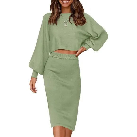 Women's Casual Two Piece Outfits Bodycon Midi Skirt Sweater Sets