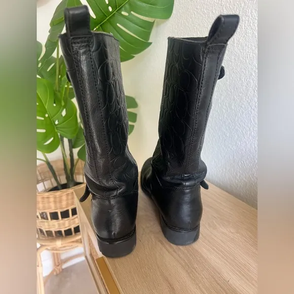 Women’s COACH Boots Black Leather Classic C Logo Mid Calf Slip On Flat Round Toe