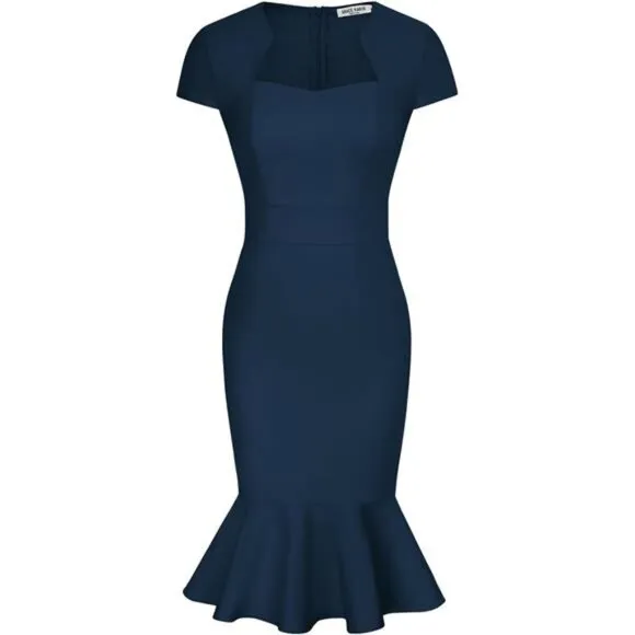 Womens Elegant Midi Tweed Bodycon Dress Navy-fishtail