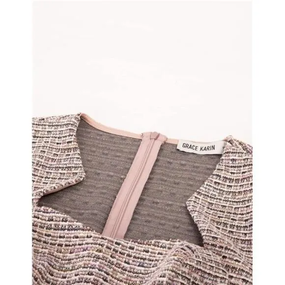 Womens Elegant Midi Tweed Bodycon Dress Pink