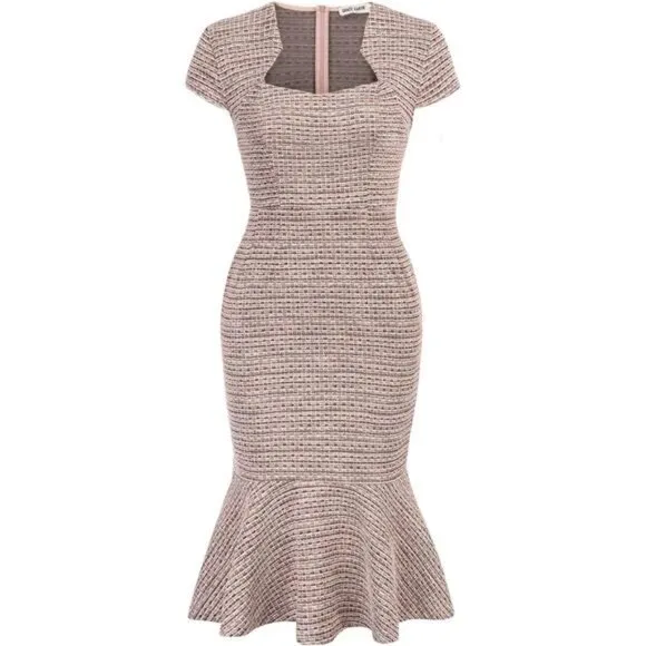 Womens Elegant Midi Tweed Bodycon Dress Pink