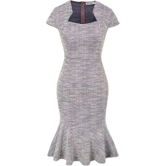 Womens Elegant Midi Tweed Bodycon Dress Purple Tweed