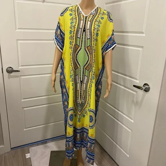 Women's Kaftan Maxi Dress. Yellow/Multicolor. S/M. Bright. Beachwear. Resortwear