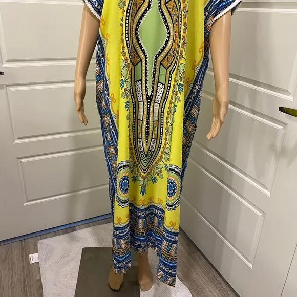 Women's Kaftan Maxi Dress. Yellow/Multicolor. S/M. Bright. Beachwear. Resortwear